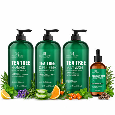 Botanic Hearth Total Refresh Set – Tea Tree Body Wash, Rosemary Mint Oil & Tea Tree Shampoo & Conditioner Set of 2