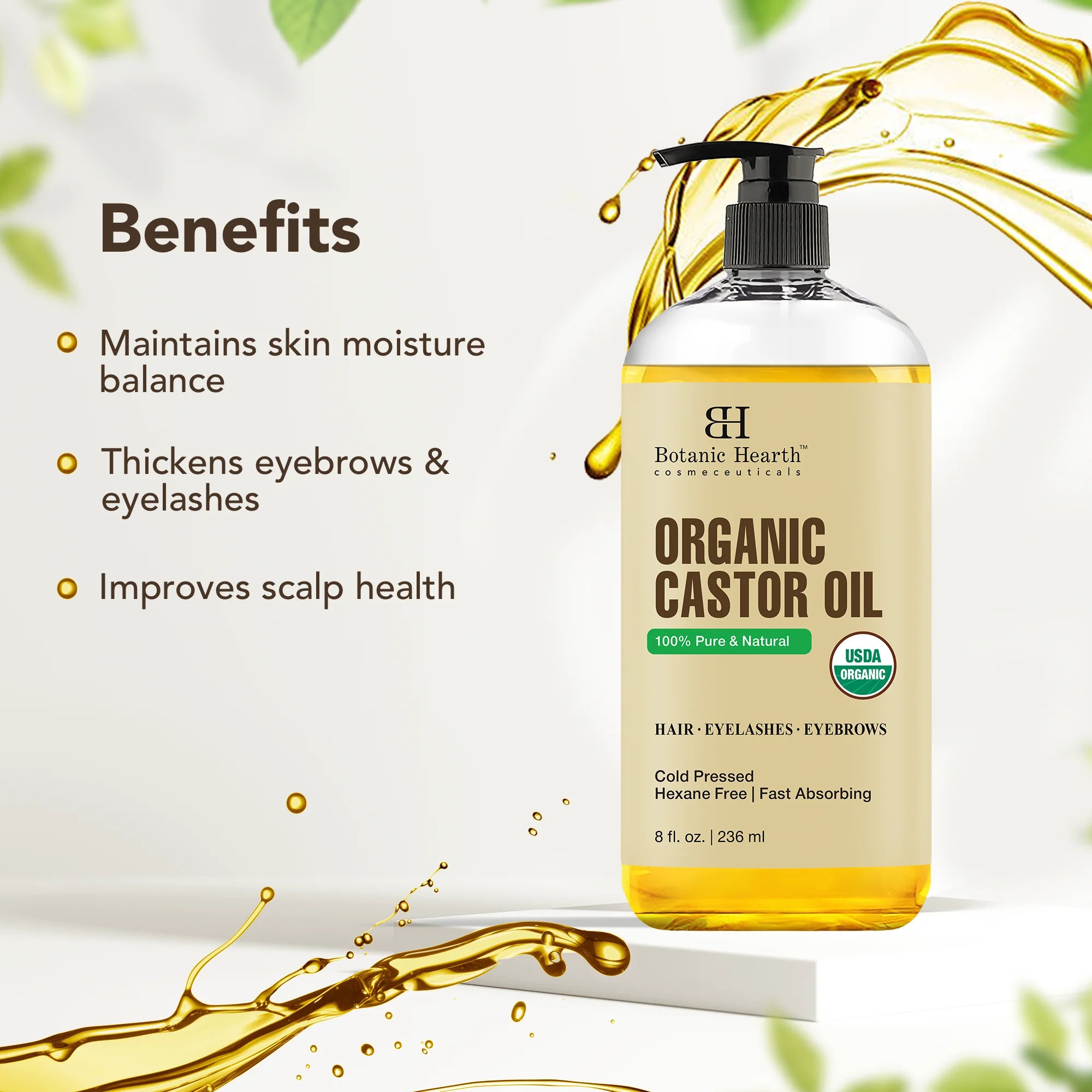 Castor Oil | USDA Certified Organic | 100% Pure & Hexane Free | Cold Pressed  | 8 fl oz