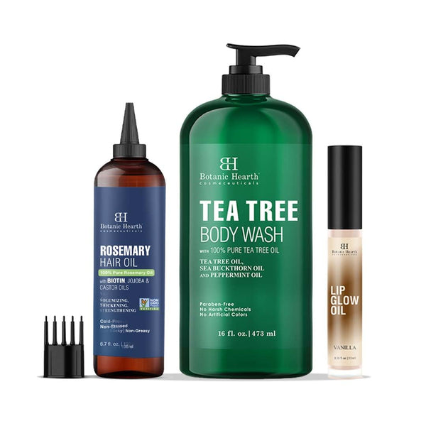 Botanic Hearth Nourish & Cleanse Set – Tea Tree Body Wash, Rosemary Hair Oil & Lip Oil