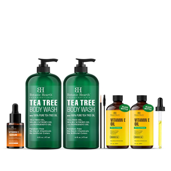 Botanic Hearth Glow & Nourish Combo – Vitamin E Oil (2-Pack), Vitamin C Face Serum & Tea Tree Body Wash (2-Pack)