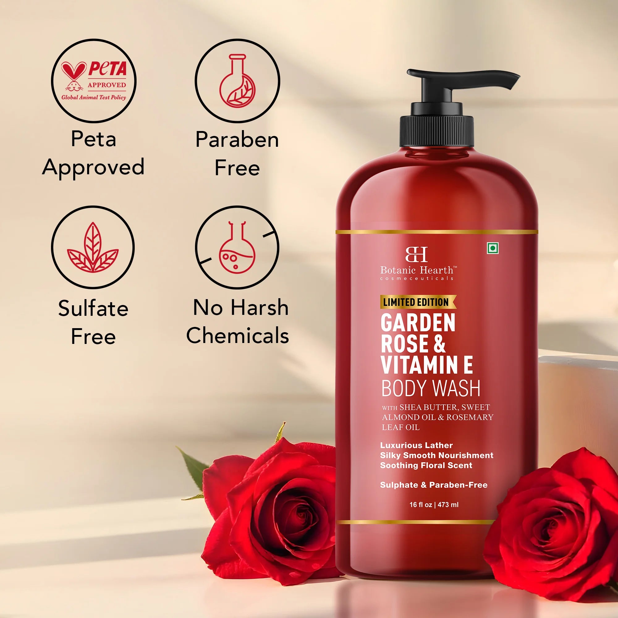 Garden Rose & Vitamin E Body Wash with Shea Butter, Sweet Almond Oil & Rosemary Leaf Oil – 16 fl oz