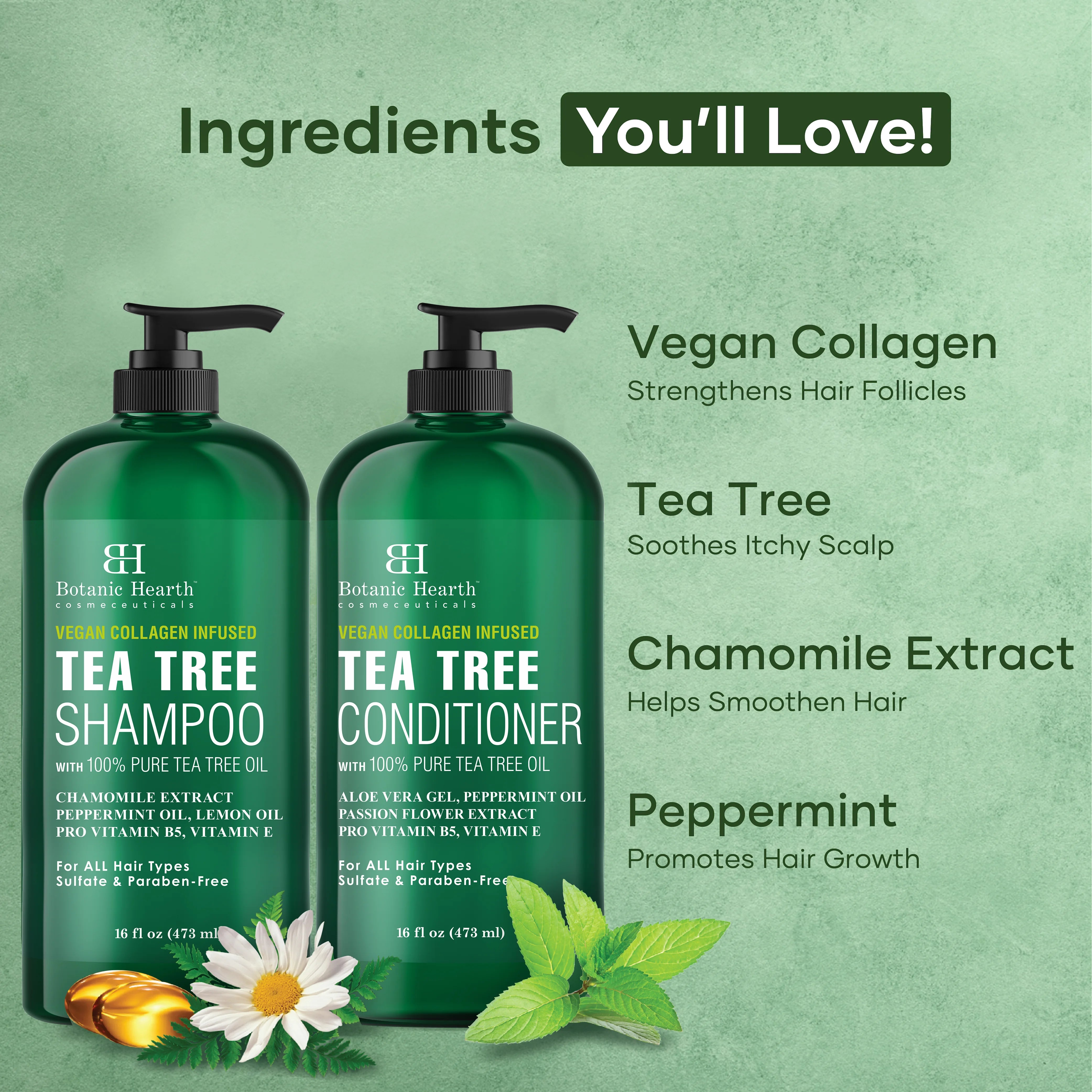 Vegan Collagen Infused Tea Tree Shampoo and Conditioner Set | 16 fl oz each