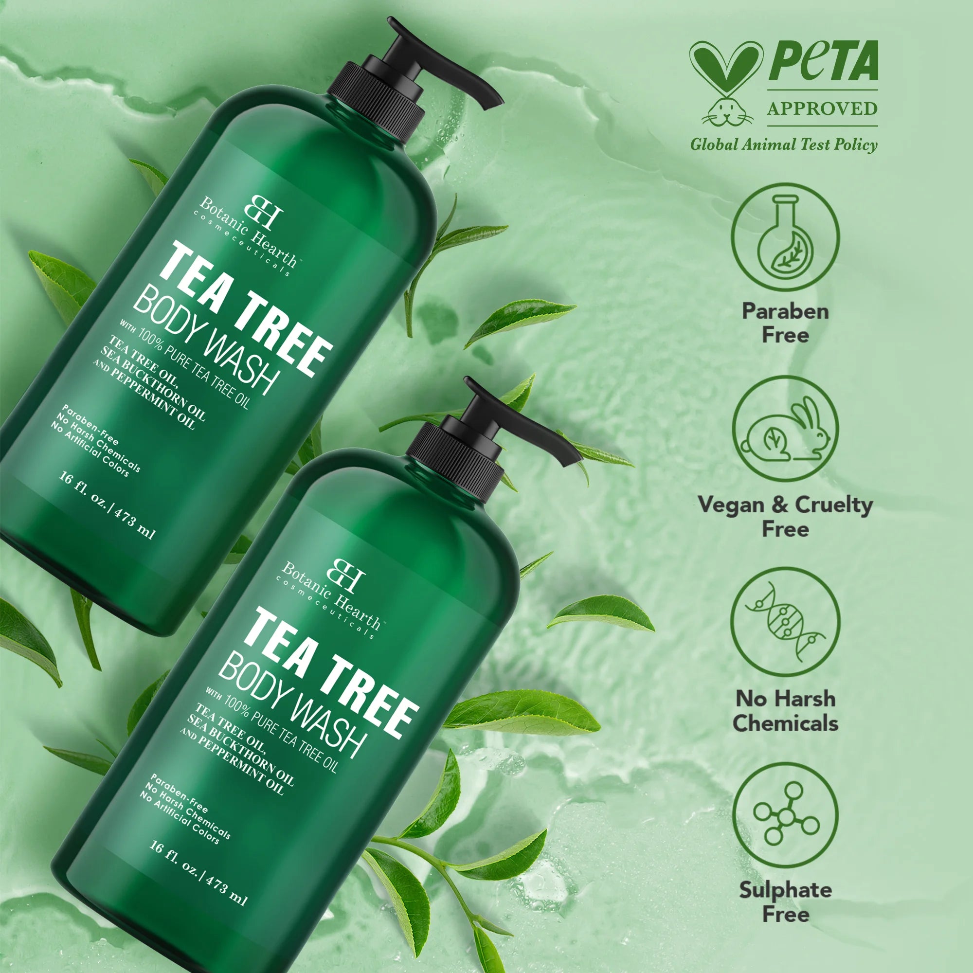 Tea Tree Body Wash with Sea Buckthorn Oil and  Peppermint Oil | 16 fl oz - Pack of 2