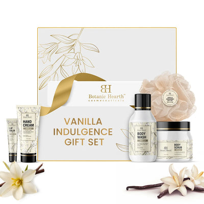Vanilla Indulgence Gift Set of 5 - Vanilla Body Scrub, Body Wash, Hand Cream, Lip Balm, Loofah (Light Yellow) 10.2 fl. oz
