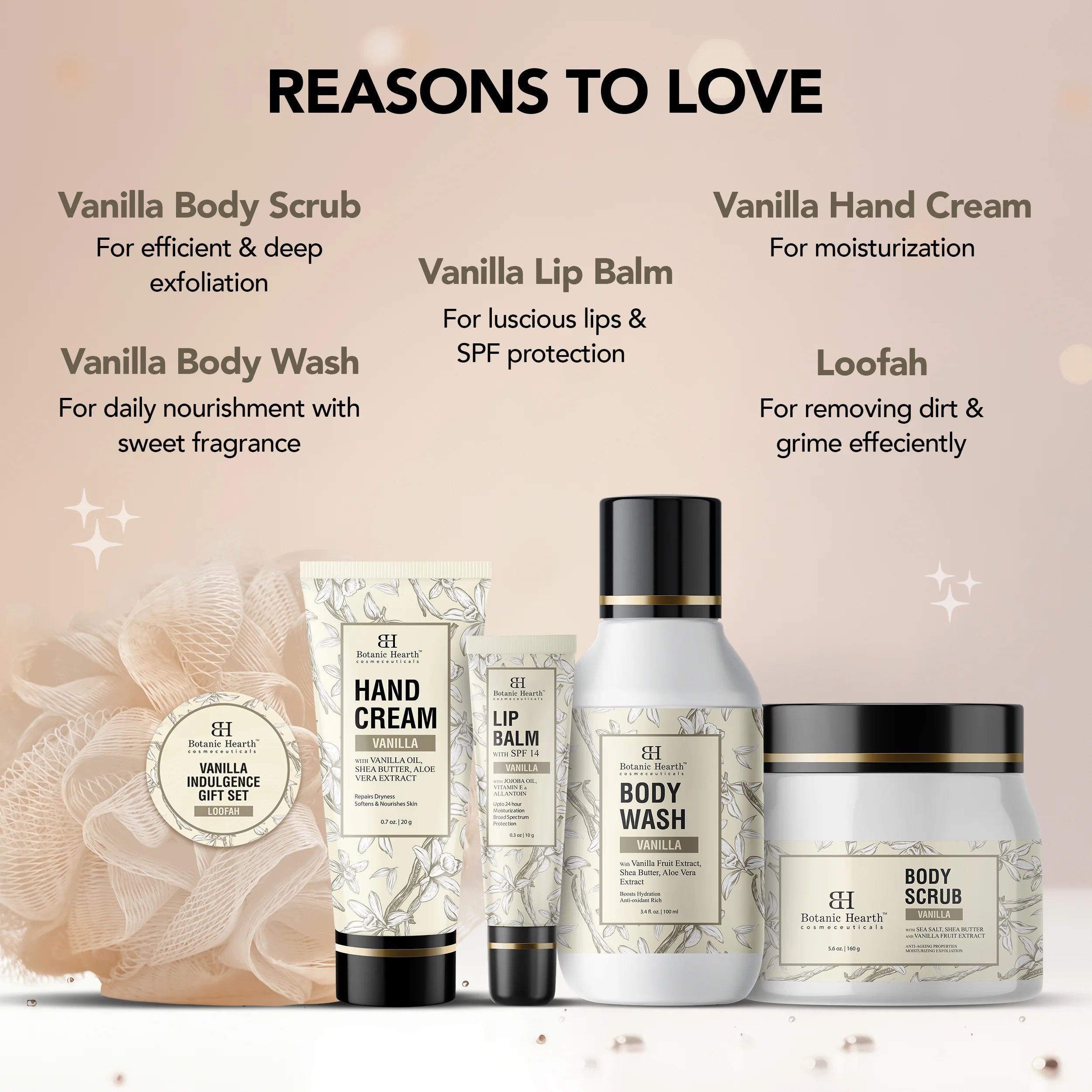 Valentine's Day Gift Set of 5 - Vanilla Body Scrub, Body Wash, Hand Cream, Lip Balm, Loofah (Light Yellow) 10.2 fl. oz